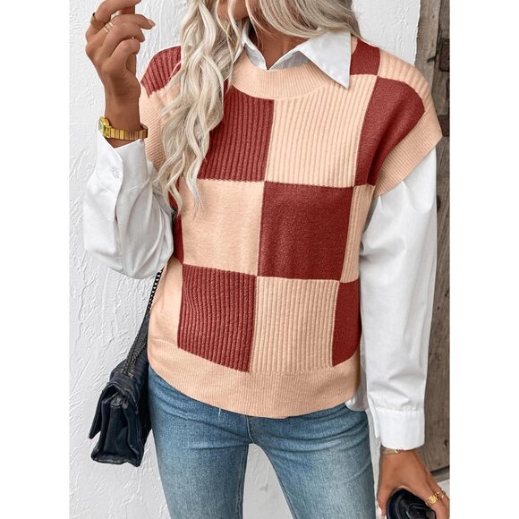 Women Short Sleeve Sweater Vest Knit Top Color Block Casual Fall Fashion - Picture 4 of 5